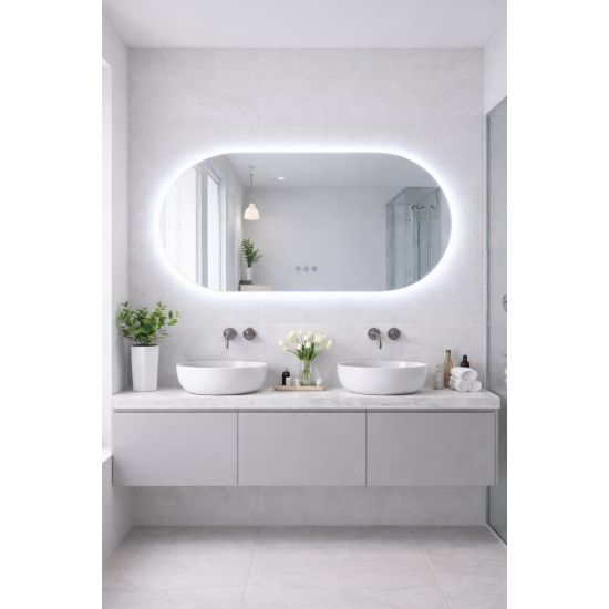 1500x750mm Backlit Led Mirror Oblong Racetrack Motion Sensor Demister Touch Sensor Switch